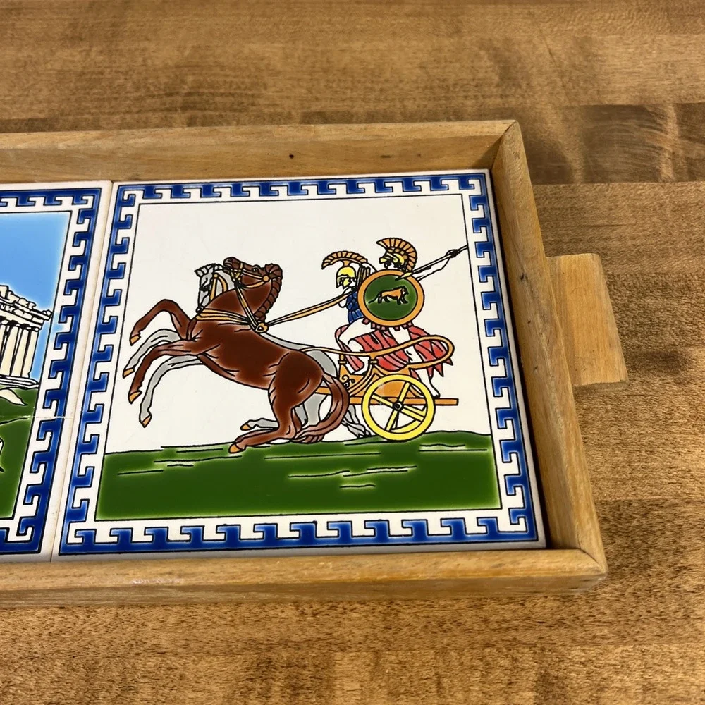Vintage Greek Ceramic Tile‎ Art Trivet w/ Wood Frame Wooden Tray